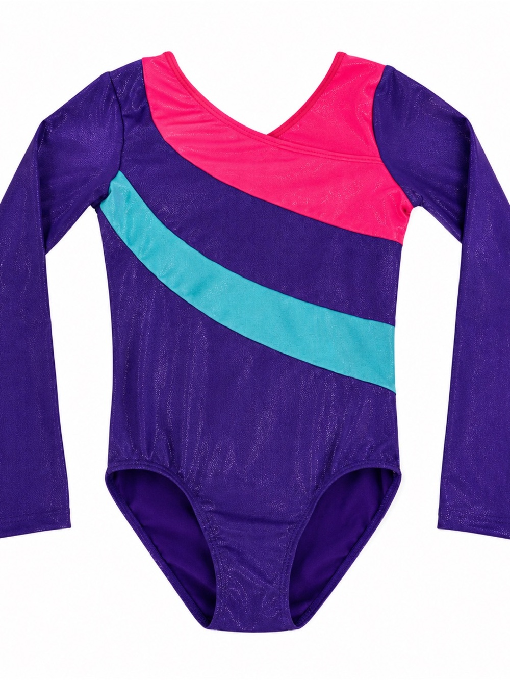 Girls' Purple Long-Sleeve Gymnastics Leotard with Pink & Teal Accents